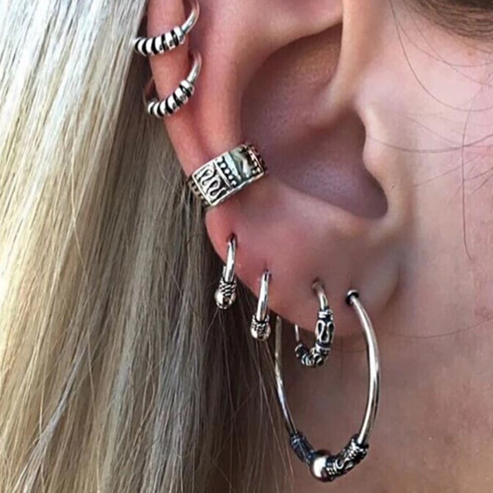 Silver Bali Multi Hoops Ear Cuffs Eartings Set of 7 Jewelry NEW